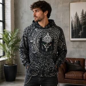Chaos Monkey Aztec Warrior Graphic Hoodie Mens Medium Black All Over Print